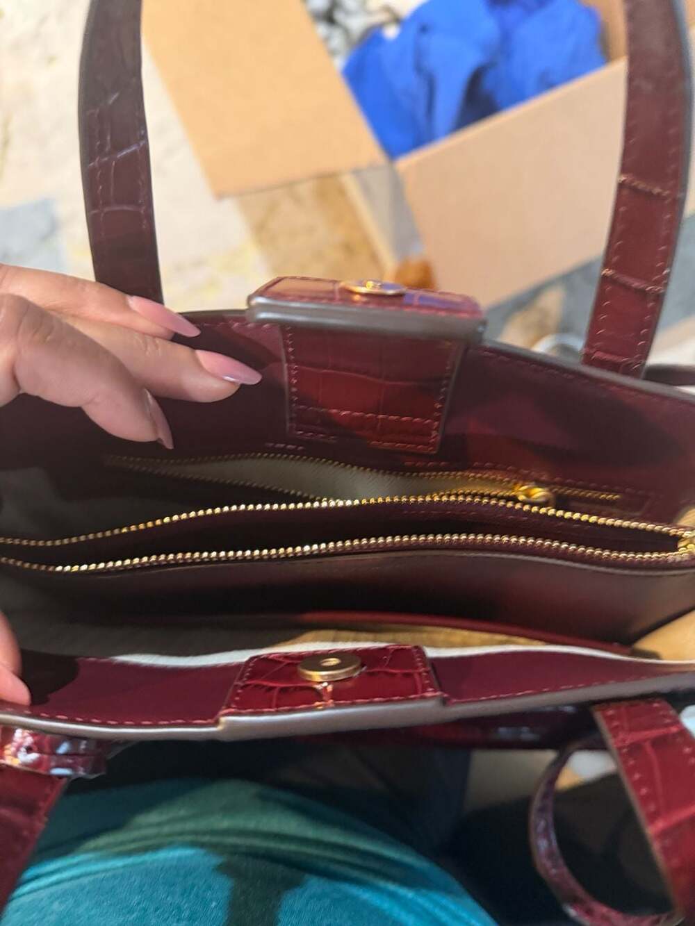 Tory Burch Walker Croc-Embossed Small Satchel in Burgundy - Picture 4 of 7